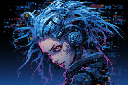 an illustration of a woman with blue hair and headphonesの素材