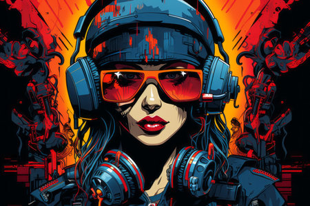 an illustration of a woman wearing headphones and sunglassesの素材