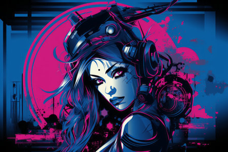 an illustration of a woman with blue and pink hairの素材