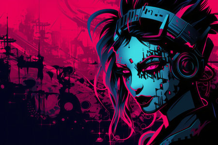 an illustration of a woman with blue and pink makeupの素材