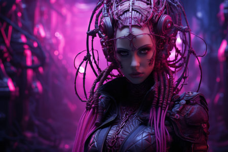 a woman with purple hair in a futuristic settingの素材
