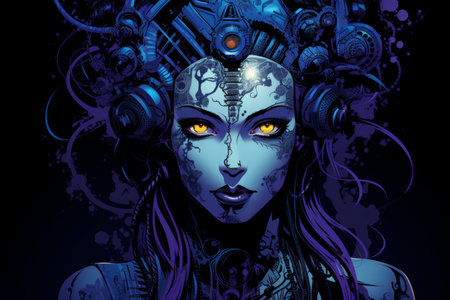 an illustration of a woman with blue eyes and purple hairの素材