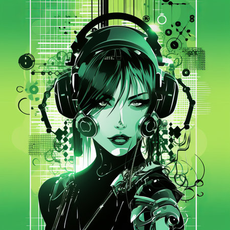 an illustration of a woman wearing headphonesの素材
