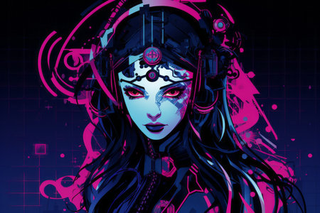 an illustration of a woman with blue eyes and purple hairの素材