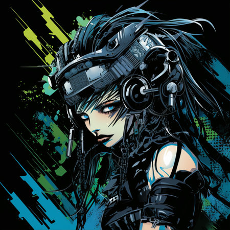 an illustration of a woman with black hair and a helmetの素材