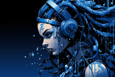 an illustration of a woman with blue hair and headphonesの素材