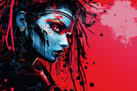an illustration of a woman with blood splatters on her faceの素材