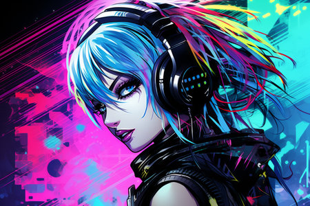 an illustration of a woman with blue hair and headphonesの素材