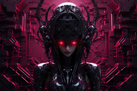 an alien woman with red eyes standing in front of a red backgroundの素材