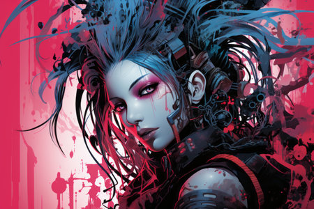 an illustration of a woman with blue hair and red eyesの素材