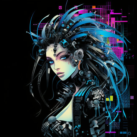 an illustration of a woman with blue hairの素材