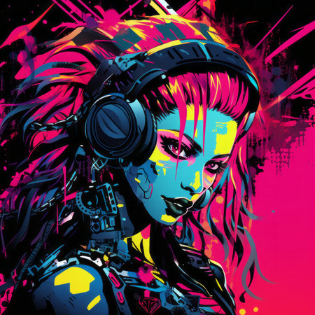 an illustration of a woman with headphones on her headの素材