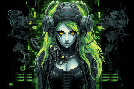an illustration of a woman with green hair and green eyesの素材