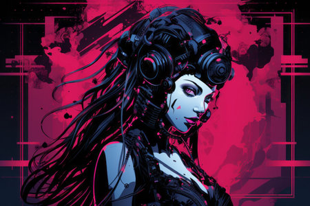 an illustration of a woman with long hair and dark makeupの素材