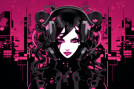 an illustration of a woman with headphones on a pink backgroundの素材