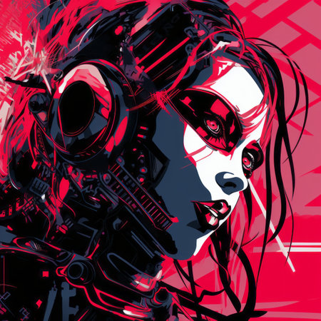 an illustration of a woman with headphones on her faceの素材