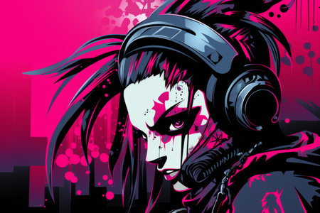 an illustration of a woman with headphones and pink paint on her faceの素材