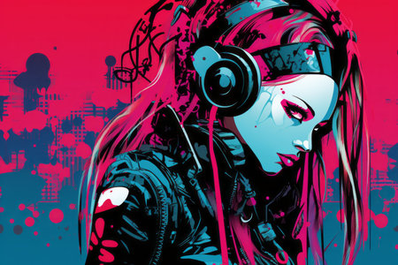 an illustration of a woman with headphones and pink hairの素材