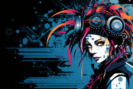 an illustration of a woman with headphones on her headの素材