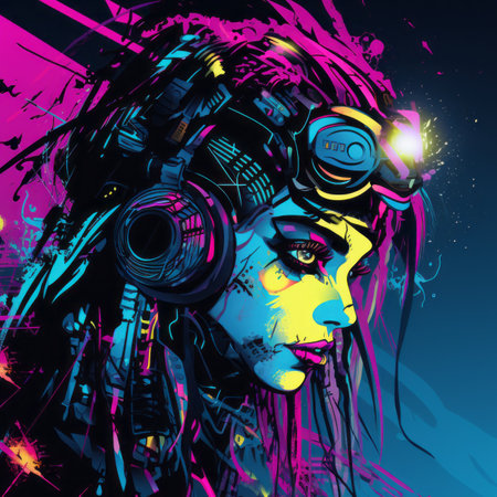 an illustration of a woman with headphones on her headの素材