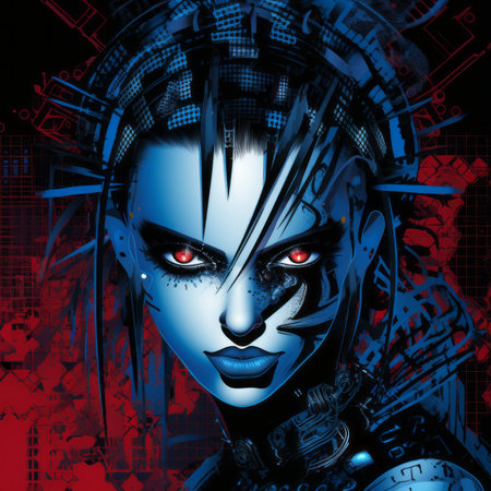 an illustration of a woman with red eyes and blue hairの素材
