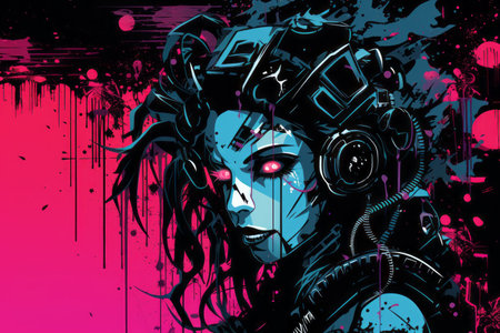 an illustration of a woman with headphones on her headの素材