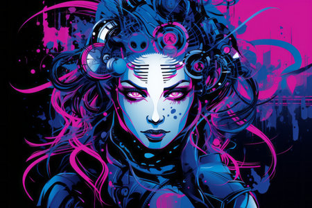 an illustration of a woman with purple hair and blue eyesの素材