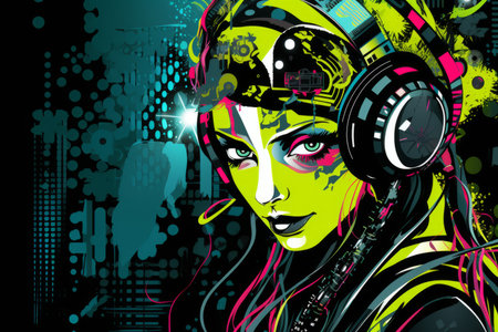 an illustration of a woman with headphones on her headの素材