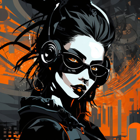 an illustration of a woman with headphones on her headの素材