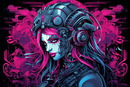 an illustration of a woman with pink hair and headphonesの素材