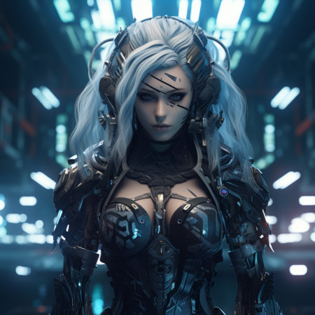 an image of a futuristic woman with blue hairの素材