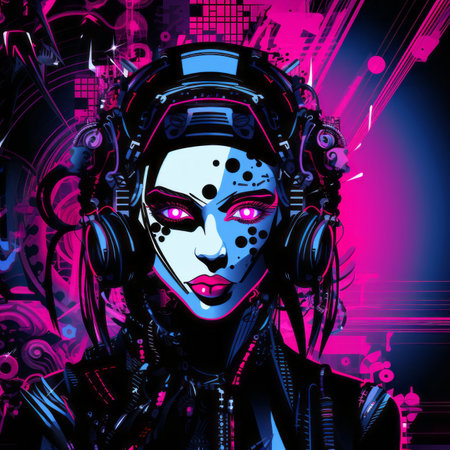 an illustration of a woman with headphones on her headの素材