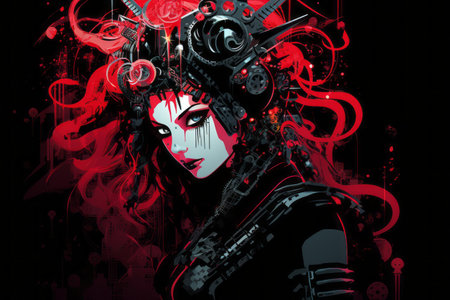 an illustration of a woman with red hair and a skull on her headの素材