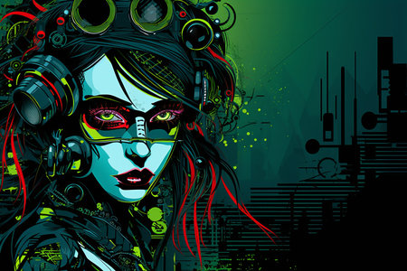 an illustration of a woman with headphones on her headの素材