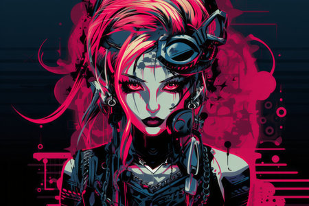 an illustration of a woman with pink hair and red eyesの素材