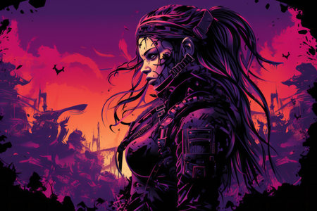 an illustration of a woman with long hair and a purple backgroundの素材