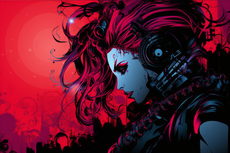 an illustration of a woman with red hair and headphonesの素材