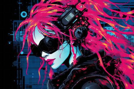 an illustration of a woman with pink hair and headphonesの素材