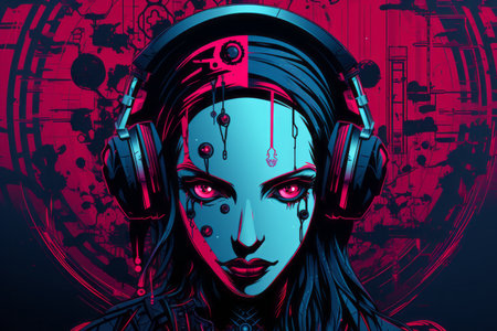 an illustration of a woman with headphones on her headの素材