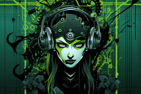 an illustration of a woman with headphones on her headの素材