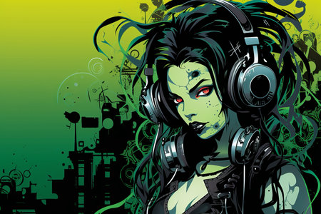 an illustration of a zombie girl with headphonesの素材
