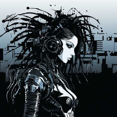 an illustration of a woman with headphones on her headの素材