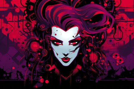 an illustration of a woman with red hair and purple eyesの素材