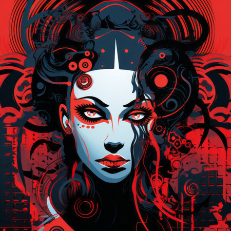 an illustration of a woman with red and blue hairの素材