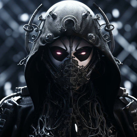 an image of a man in a black hood with glowing eyesの素材