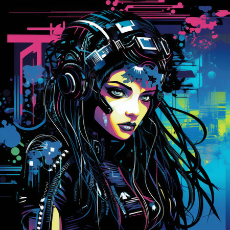 an illustration of a woman with headphones and a futuristic lookの素材