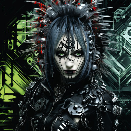 an image of a goth girl with black hair and green eyesの素材