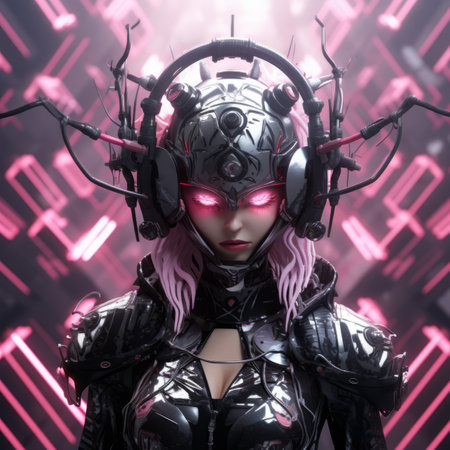 an image of a woman in a futuristic outfit with pink eyesの素材