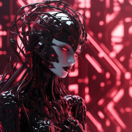 an image of a robot woman with red lights on her faceの素材