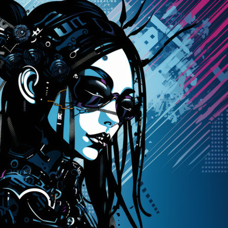 an illustration of a woman with cyberpunk style hair and glassesの素材